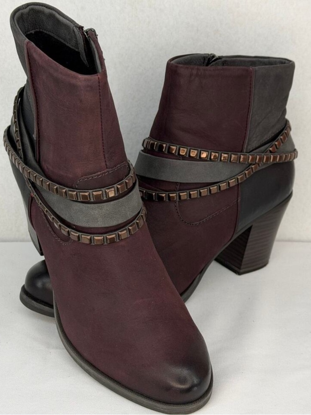 Burgundy and Gray Women's Ankle Boots with Studded Wrap Straps